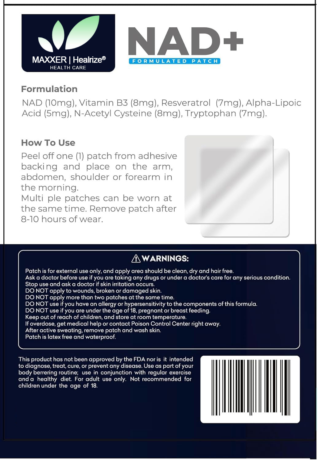 ✪𝗠𝗔𝗫𝗫𝗘𝗥| 𝗛𝗲𝗮𝗹𝗿𝗶𝘇𝗲® NAD+ Patch - Time Release Self Adhesive Patch